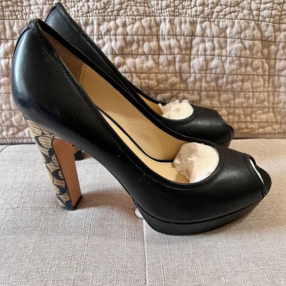 Coach Black Breana Leather Peep Toe Platform Pumps. Coach Logo Heels. Size 9 - Picture 1 of 16